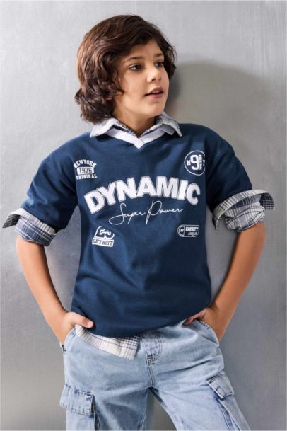 Oversıze Apaş Yaka Slogan Baskılı Kısa Kollu Polo Tişört Erkek Çocuk