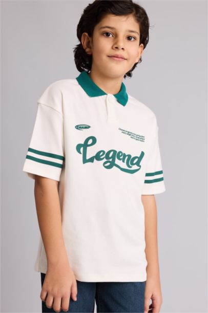 Oversıze Polo Yaka Slogan Baskılı Kısa Kollu Polo Tişört Erkek Çocuk