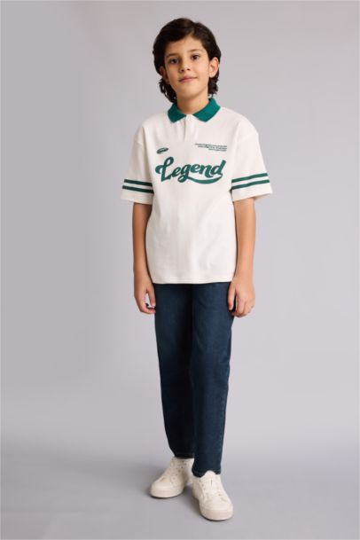 Oversıze Polo Yaka Slogan Baskılı Kısa Kollu Polo Tişört Erkek Çocuk
