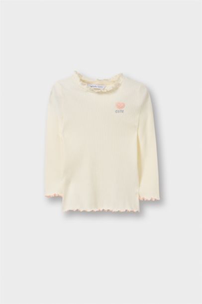 تيشيرت بيبي بناتي كم طويل مضلع قصة عادية بياقة مكشكشة