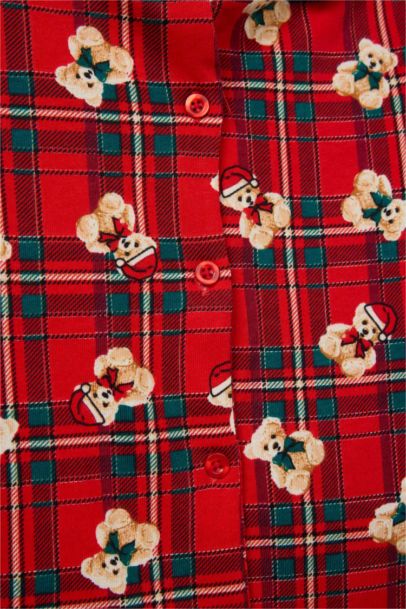 Pijama Takımı Kareli Ayıcıklı Uzun Kollu Üst Uzun Alt Kız Bebek