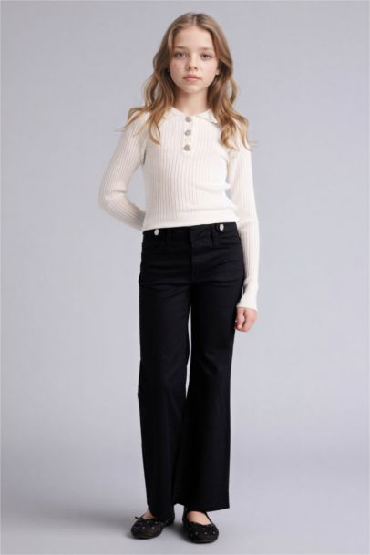 Taş Düğme Detaylı Kazak Kız Çocuk