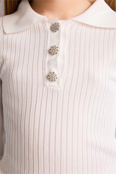 Taş Düğme Detaylı Kazak Kız Çocuk