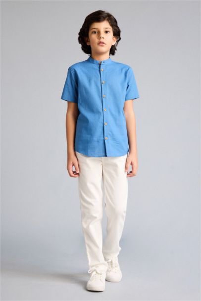 قميص ولادي نص ردن ذو مظهر كتان قصة عادية