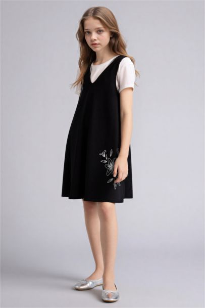 2'li Takım Tişört İşlemeli Elbise Kız Çocuk