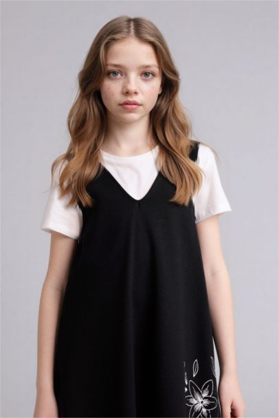 2'li Takım Tişört İşlemeli Elbise Kız Çocuk