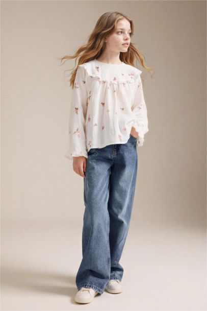 Girl Straight Wide Leg Floral Print Jeans