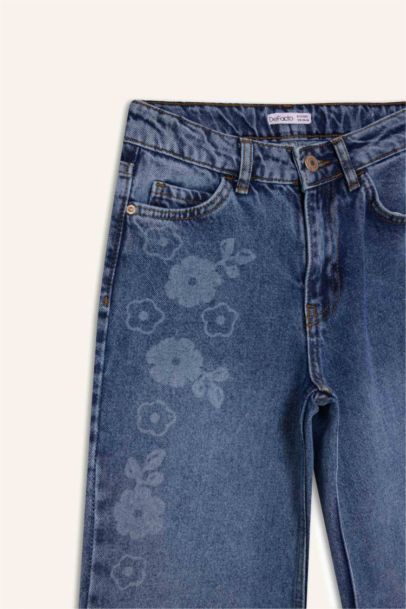 Girl Straight Wide Leg Floral Print Jeans