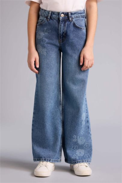 Girl Straight Wide Leg Floral Print Jeans