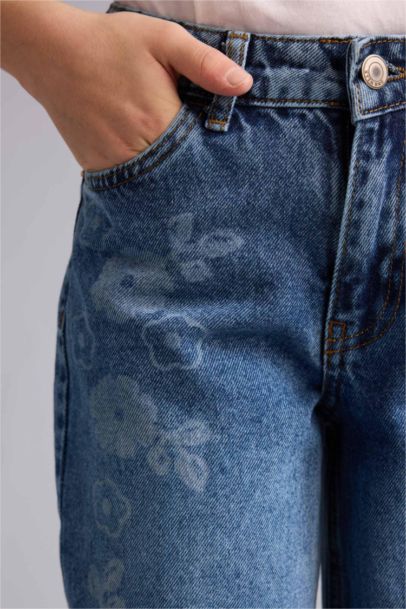 Girl Straight Wide Leg Floral Print Jeans