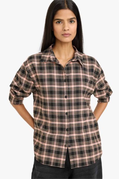 Oversize Fit Shirt Collar Flanel Plaid Long Sleeve Shirt
