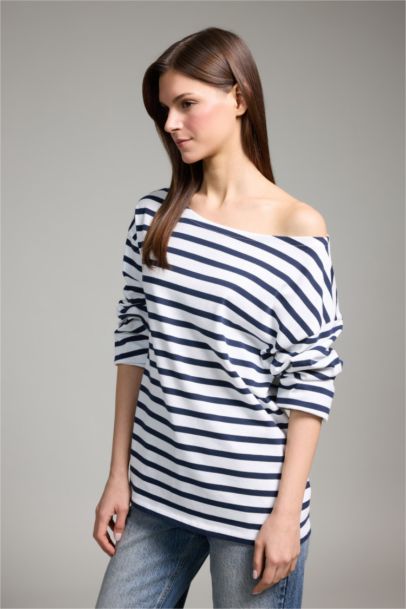 Relax Fıt Kayık Yaka Premium Çizgili Tişört