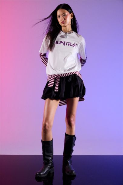 Balloon Fit Striped Combed Lining Normal Waist Mini Skirt