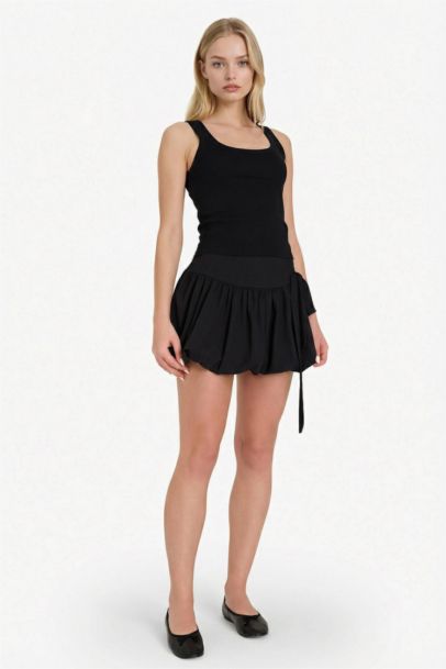 Balloon Fit Striped Combed Lining Normal Waist Mini Skirt