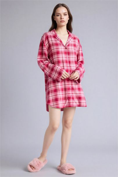 Regular Fıt Pijama Yaka Flanel Uzun Kollu Elbise