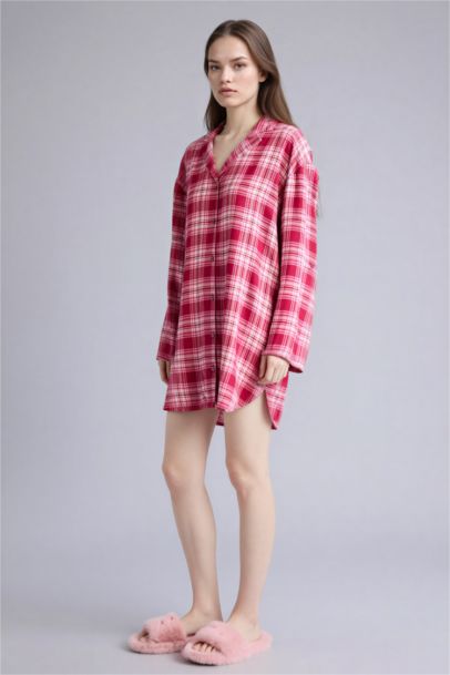 Regular Fıt Pijama Yaka Flanel Uzun Kollu Elbise