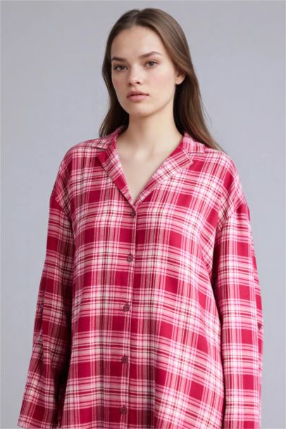 Regular Fıt Pijama Yaka Flanel Uzun Kollu Elbise