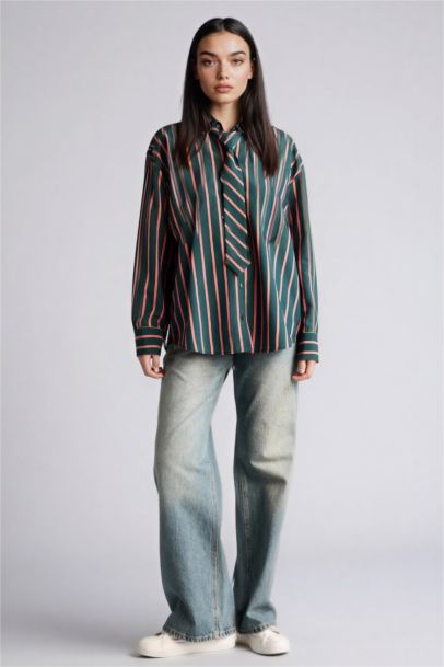 Oversize Fit Tie Detail Striped Shirt