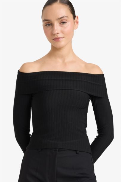 Slim Fit Open Shoulder Cotton Long Sleeve T-Shirt