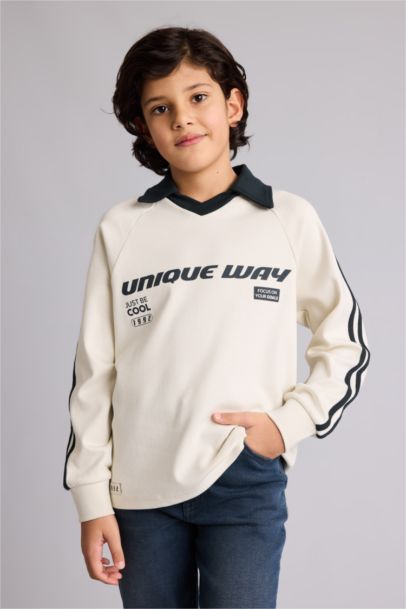 New Regular Fit Slogan Long Sleeve Polo T-Shirt