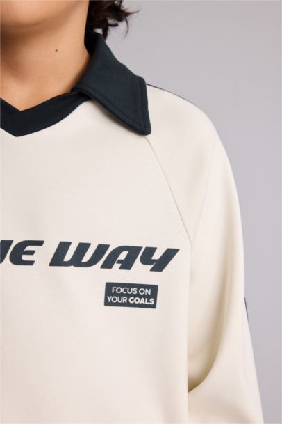 New Regular Fit Slogan Long Sleeve Polo T-Shirt