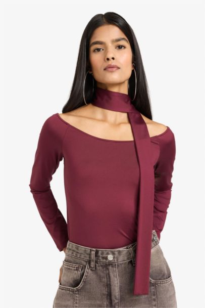 Fitted Boat Neck Shawl Detail Blouse