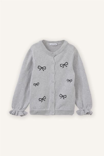 جاكيت تريكو بناتي مطرز قصة عادية بياخة مستديرة