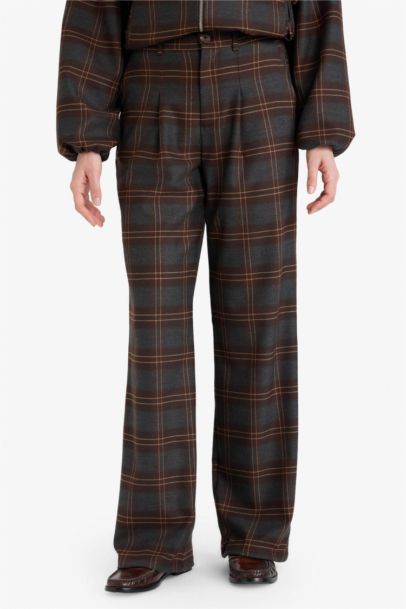 Wide Leg Çift Cepli Normal Bel Düz Paça Kareli Pantolon