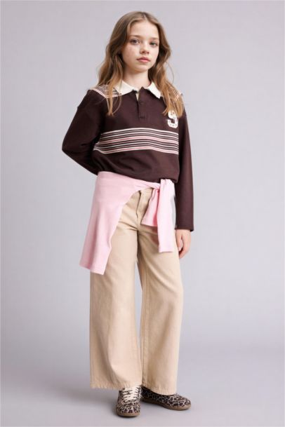 تيشيرت بولو بناتي نص ردن قماش رقيق بطبعة شعار