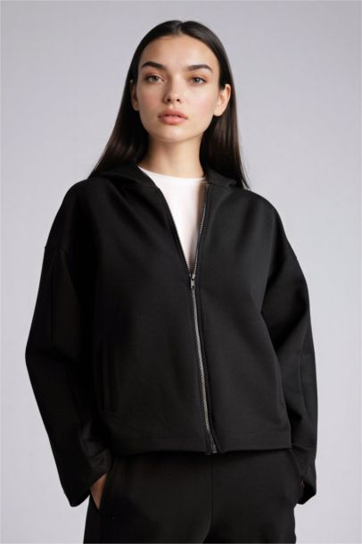 Relax Fit Hooded Basic Scuba Fabric Cardigan