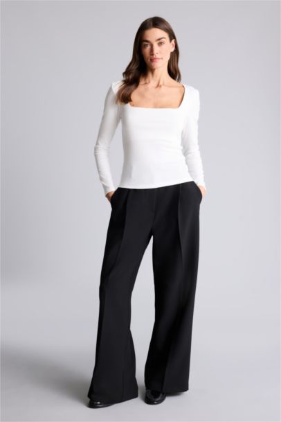 Slım Fıt Kare Yaka Basıc Düz Modal Uzun Kollu Tişört