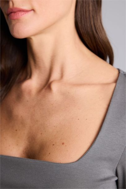 Slım Fıt Kare Yaka Basıc Düz Modal Uzun Kollu Tişört