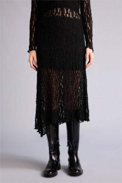 تنورة ميدي بالدانتيل غير متماثل بخصر عادي بطانة جيرسي