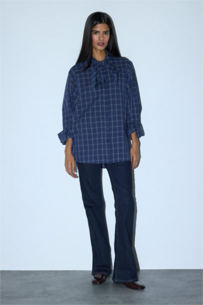 Oversize Fit Scarf Collar Checked Poplin Shirt
