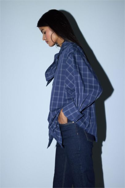 Oversize Fit Scarf Collar Checked Poplin Shirt