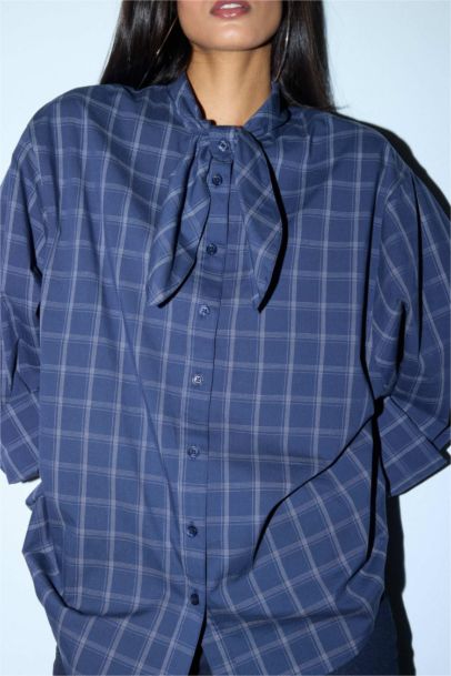 Oversize Fit Scarf Collar Checked Poplin Shirt