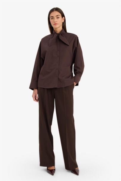 Oversıze Fular Yaka Poplin Gömlek