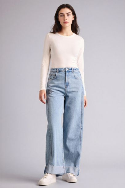 Barrel Fıt Yüksek Bel Katlamalı Paça Jean Pantolon