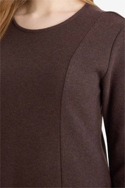 Bisiklet Yaka Uzun Kollu Selanik Kumaş Maxi Elbise