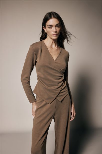 Regular Fit Wrap Neck Accessory Detail Blouse