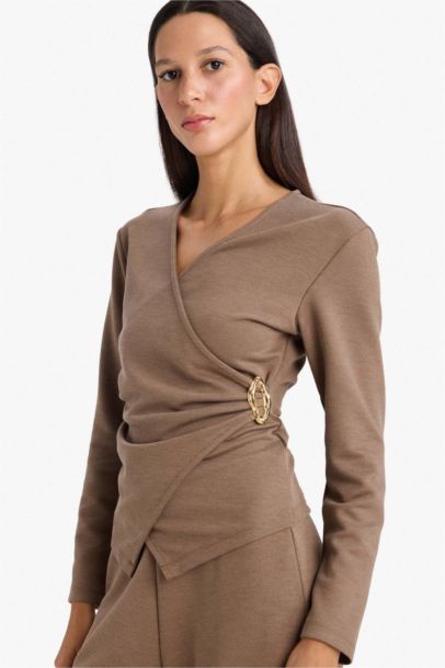 Regular Fit Wrap Neck Accessory Detail Blouse