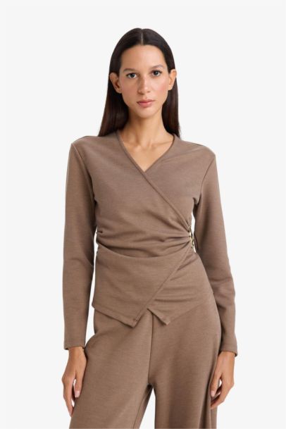 Regular Fit Wrap Neck Accessory Detail Blouse