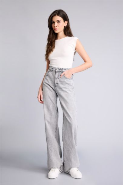 %100 Pamuk Straıght Wıde Yüksek Bel Jean Pantolon