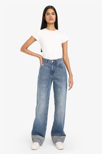 %100 Pamuk Straıght Wıde Yüksek Bel Jean Pantolon