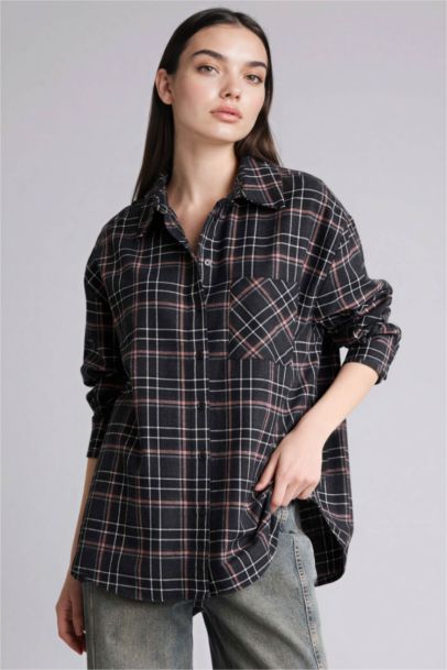 Oversize Fit Shirt Collar Flanel Plaid Long Sleeve Shirt