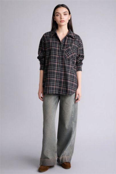 Oversize Fit Shirt Collar Flanel Plaid Long Sleeve Shirt