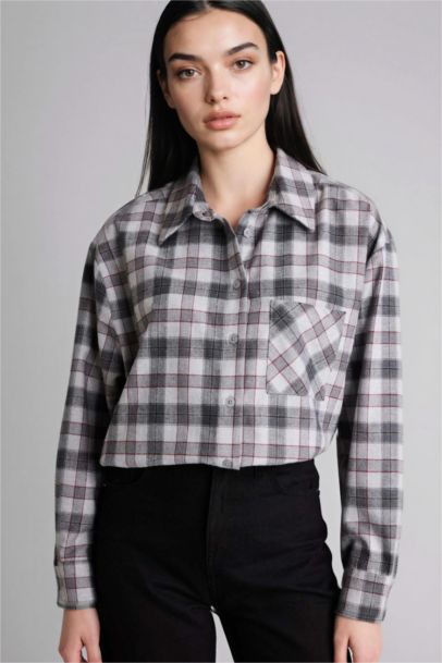 Oversize Fit Shirt Collar Flanel Plaid Long Sleeve Shirt