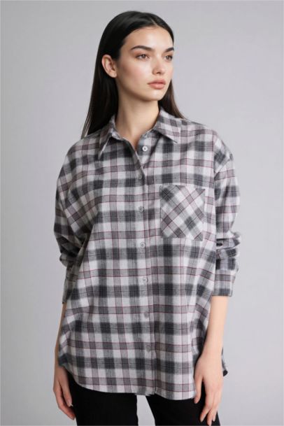 Oversize Fit Shirt Collar Flanel Plaid Long Sleeve Shirt