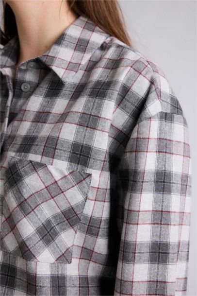 Oversize Fit Shirt Collar Flanel Plaid Long Sleeve Shirt