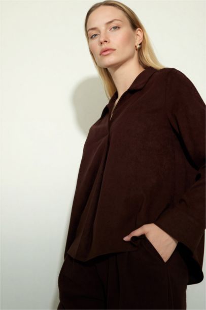Relax Fit Shirt Collar Suede Long Sleeve Blouse